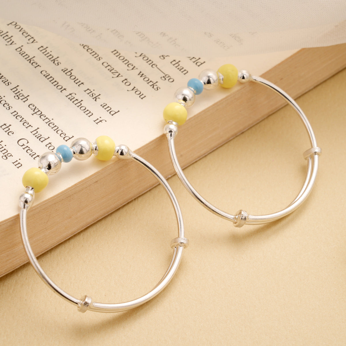 Shining Multi Beads Silver Adjustable Bangle