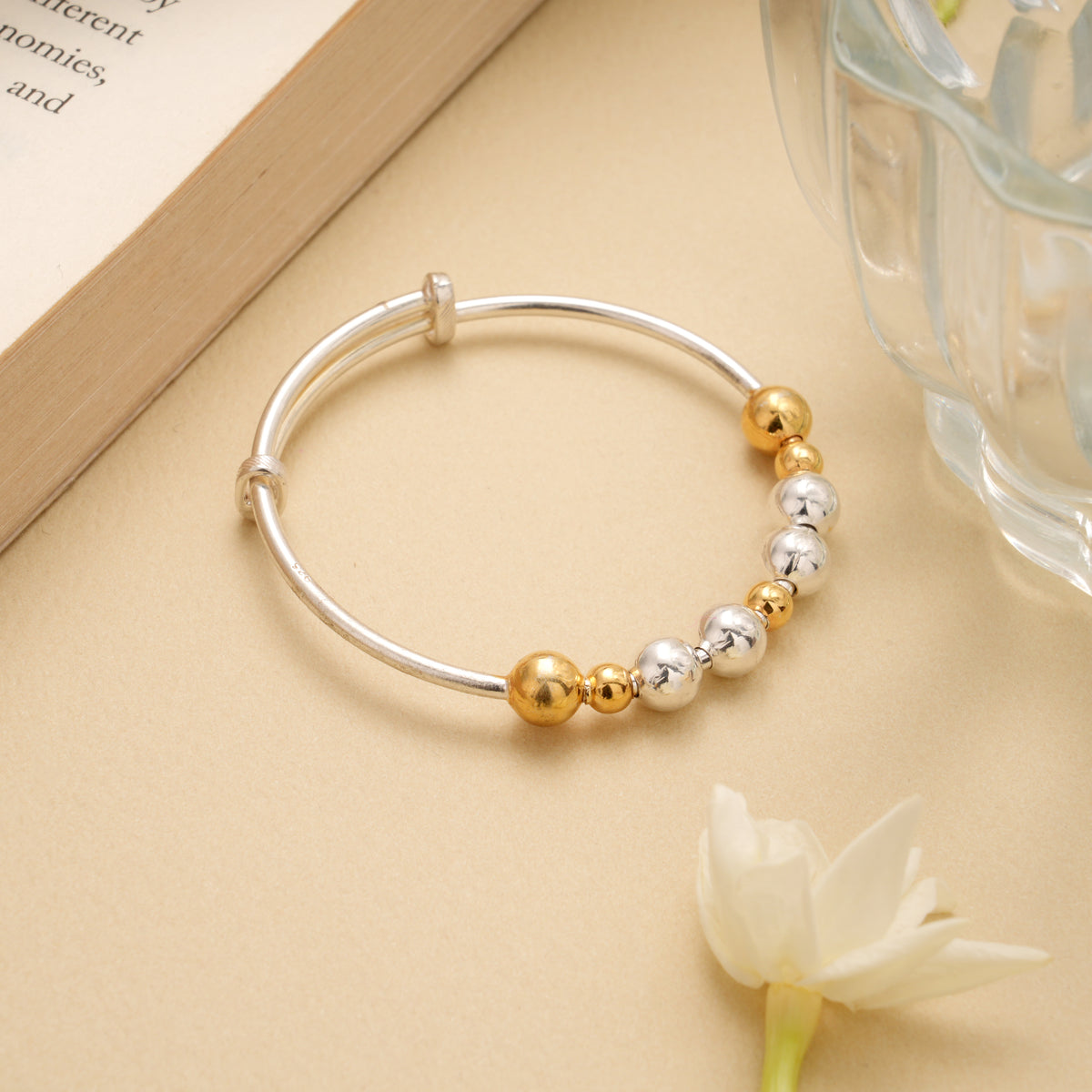 Dual Color Multi Beads Adjustable Silver Bangle