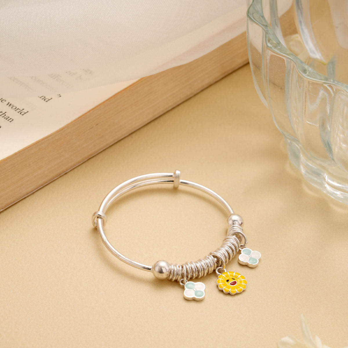 Adjustable Sunflower Charm Silver Baby Kada