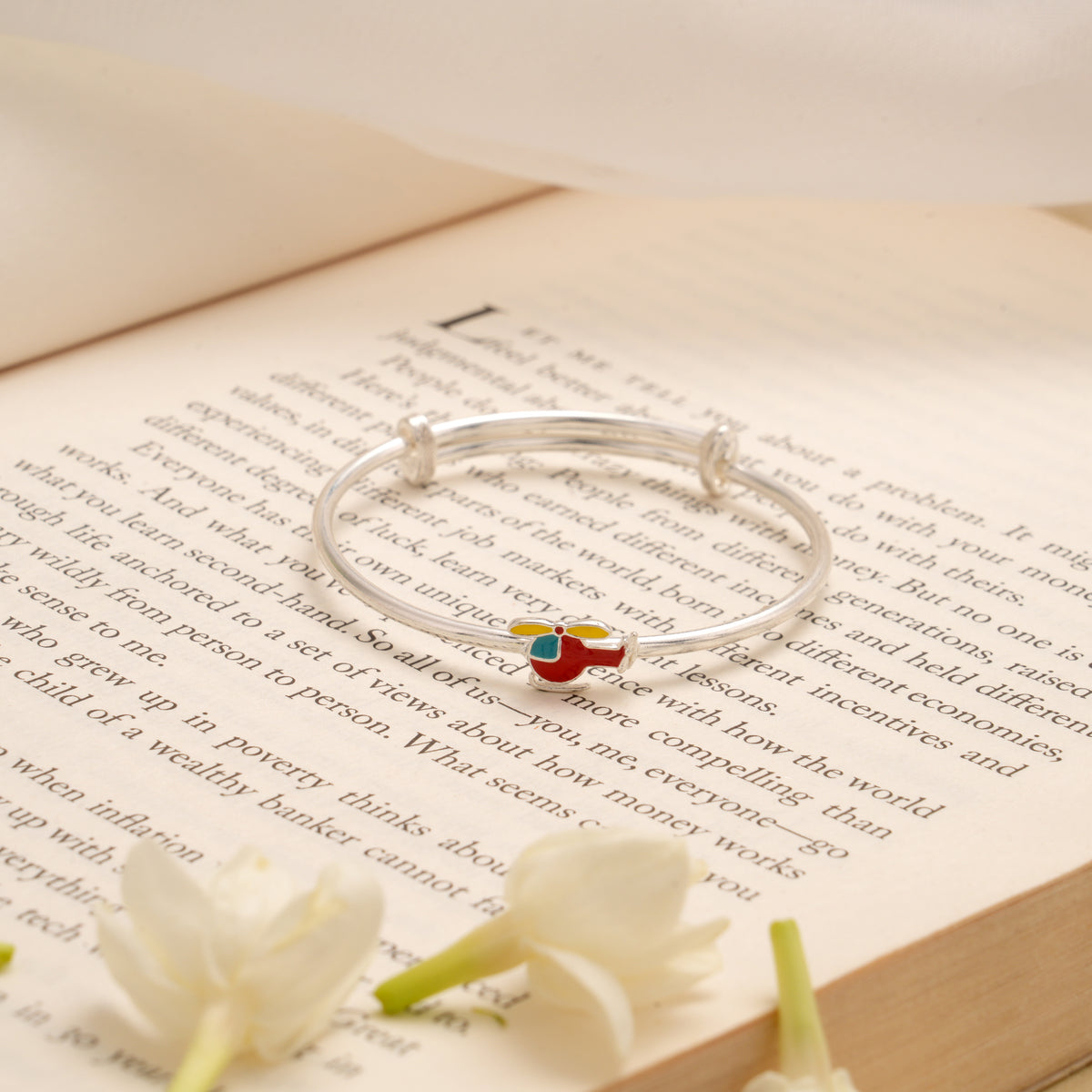 Joyful Helicopter Red Enamel Design Silver Bangle