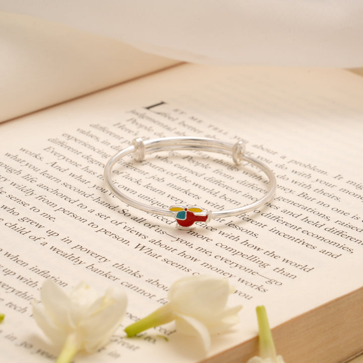 Joyful Helicopter Red Enamel Design Silver Bangle