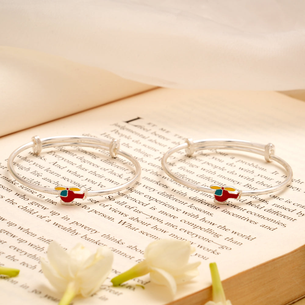 Joyful Helicopter Red Enamel Design Silver Bangle