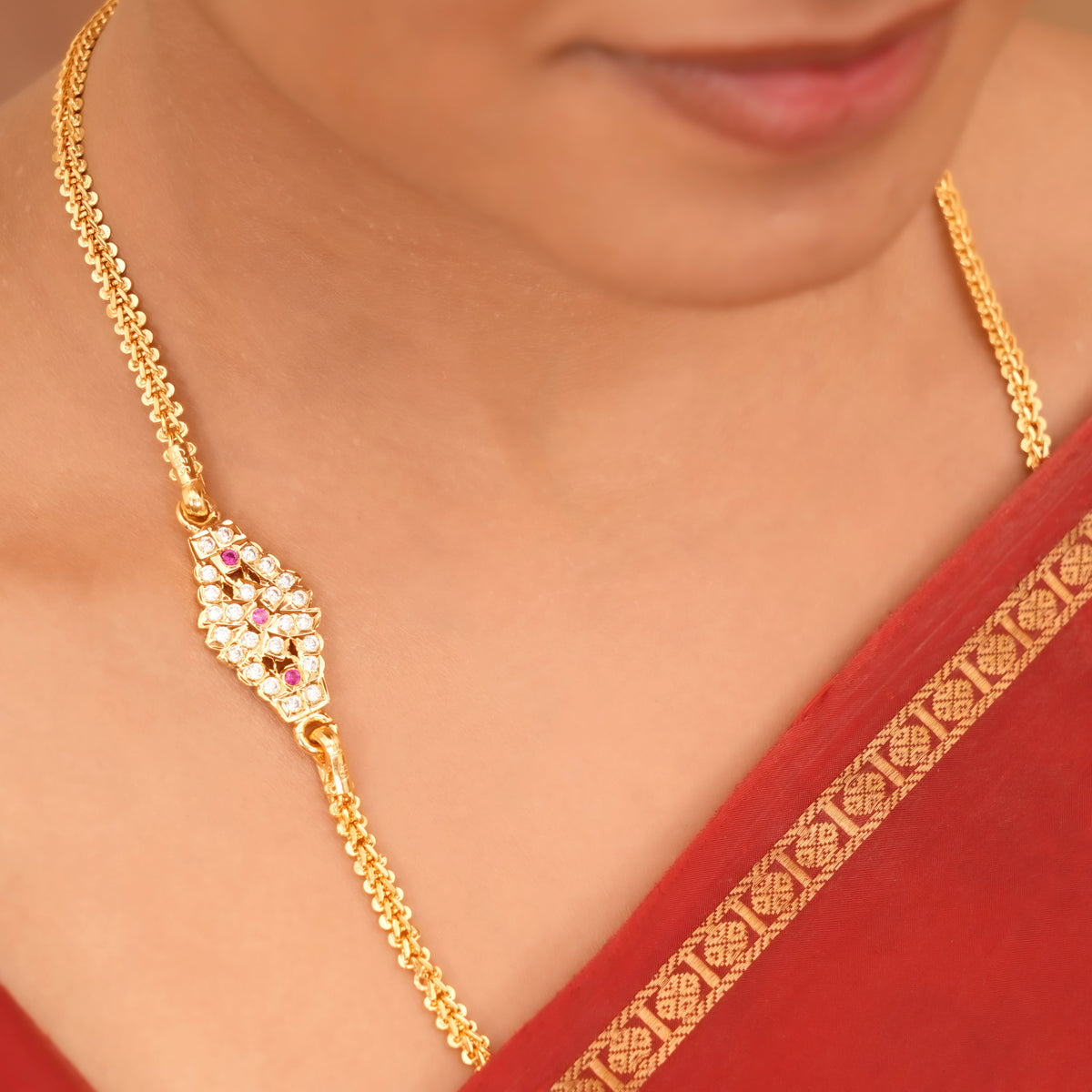 White Stone Single Layer Silver Mugappu Chain