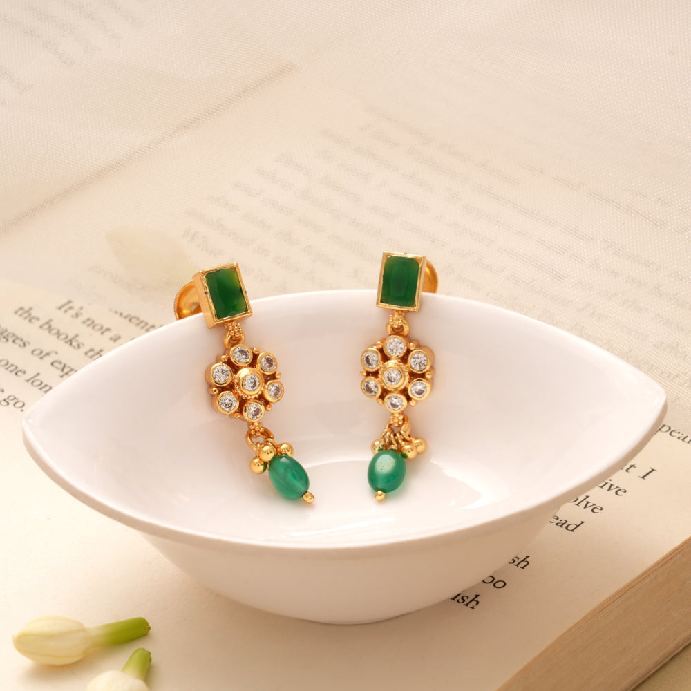 Elegant Floral Square Emerald Beads Golden Earring