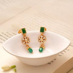 Elegant Floral Square Emerald Beads Golden Earring
