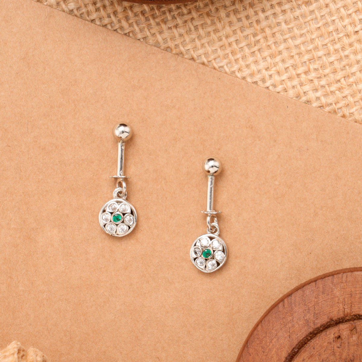 Silver Round White Stone Koppu Earring