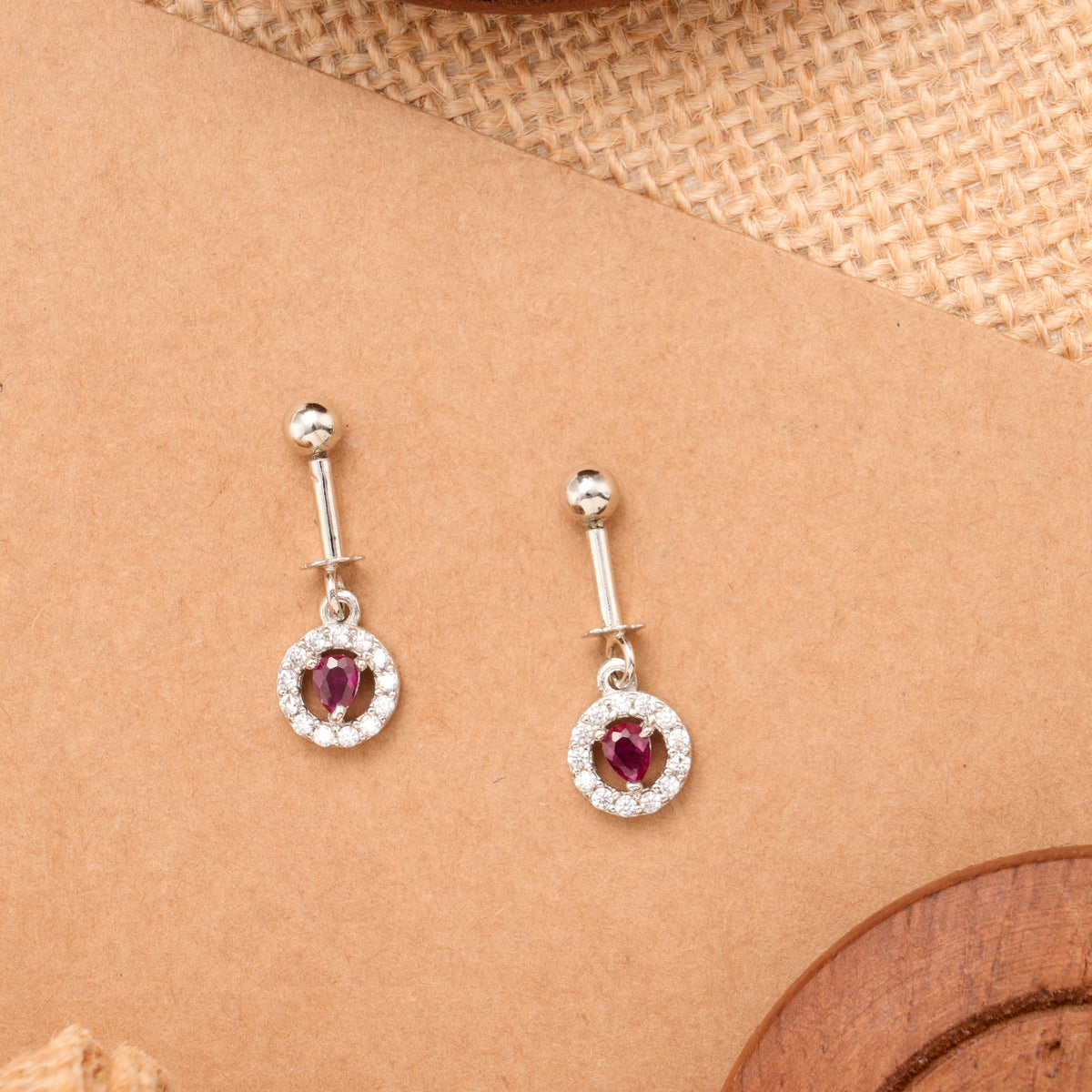 Ruby Tear Drop Circle Silver Koppu Earring