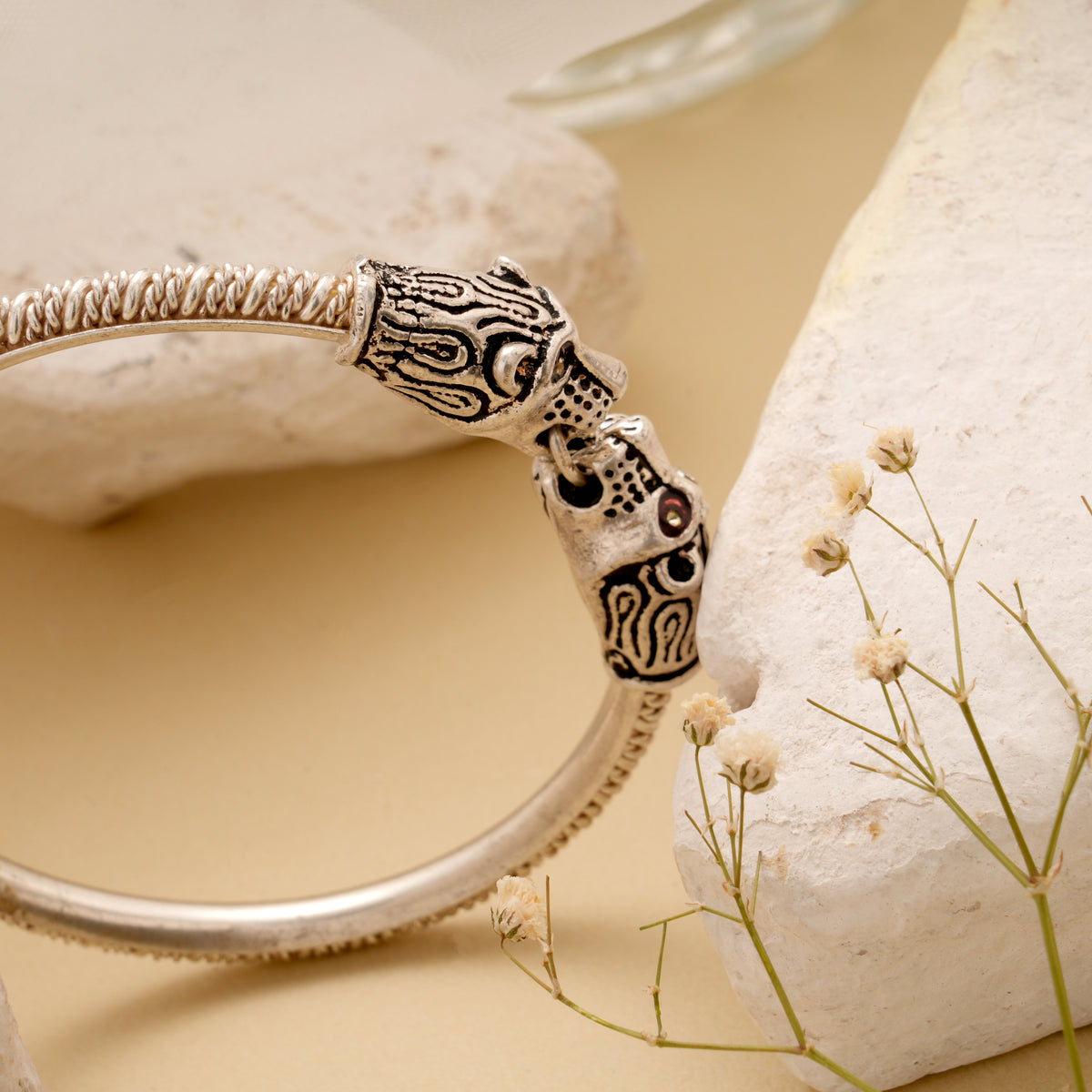 Oxidized Silver Twin Lion Head Bracelet