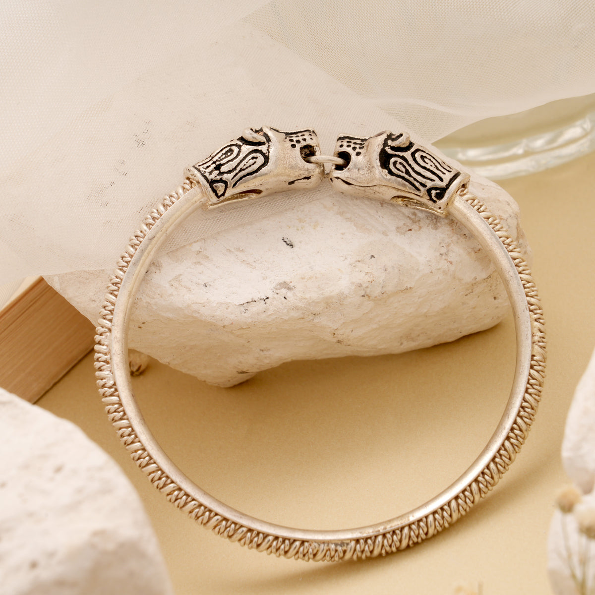 Oxidized Silver Twin Lion Head Bracelet
