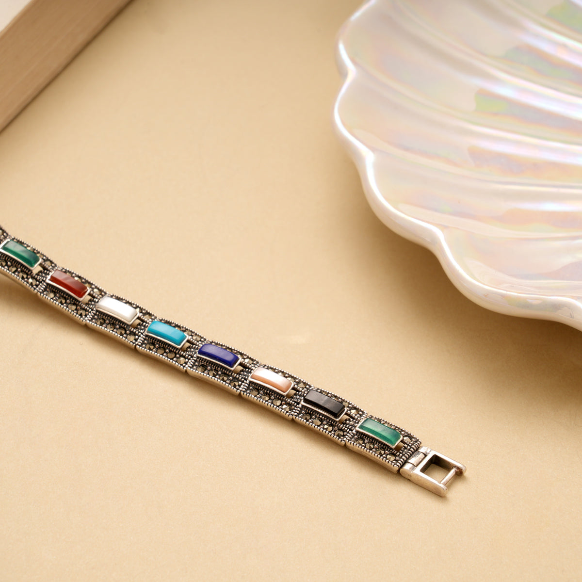 Oxidized Color Stone Silver Bracelet