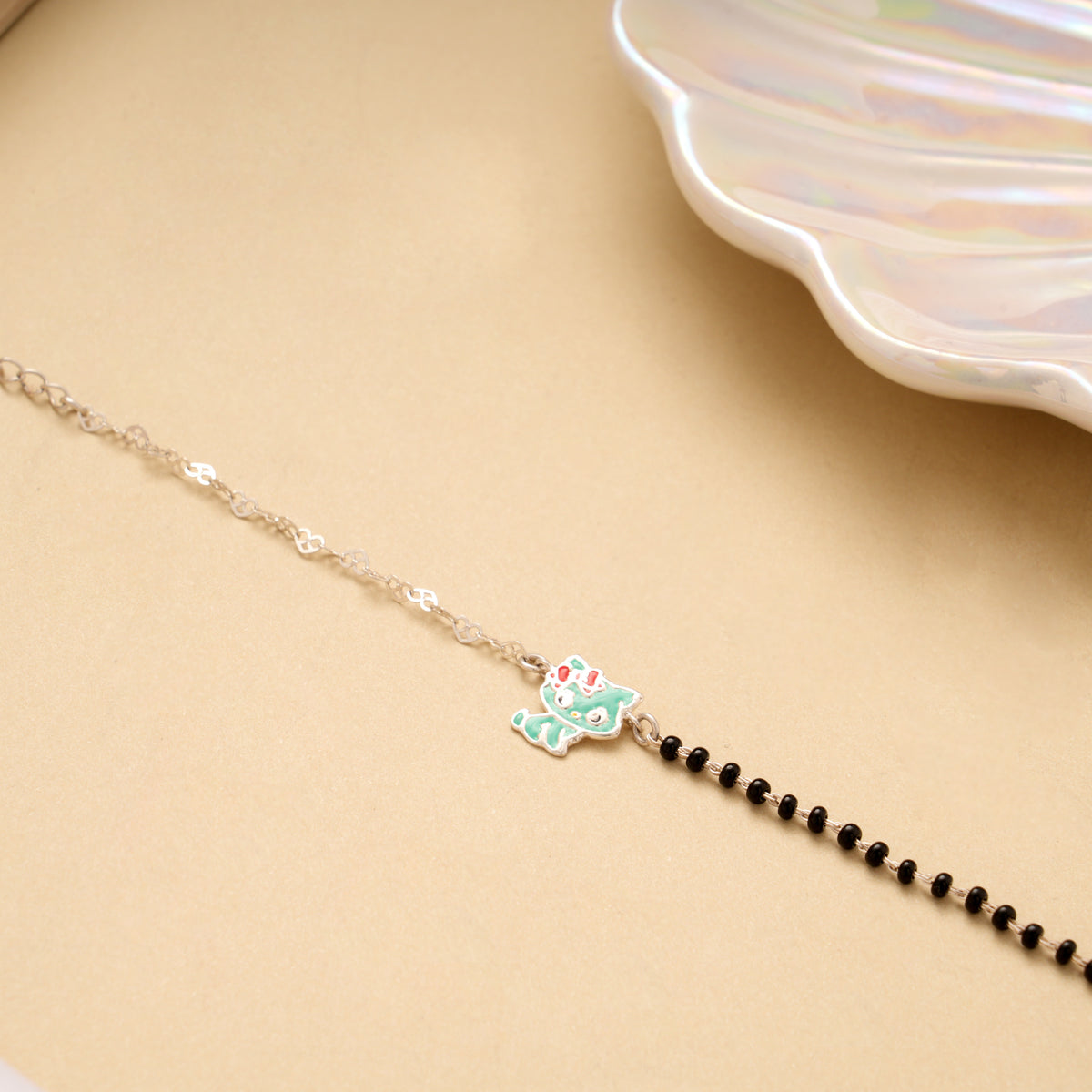 Tiny Kitty Black Beads Silver Baby Bracelet