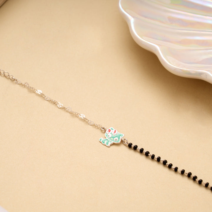 Tiny Kitty Black Beads Silver Bracelet