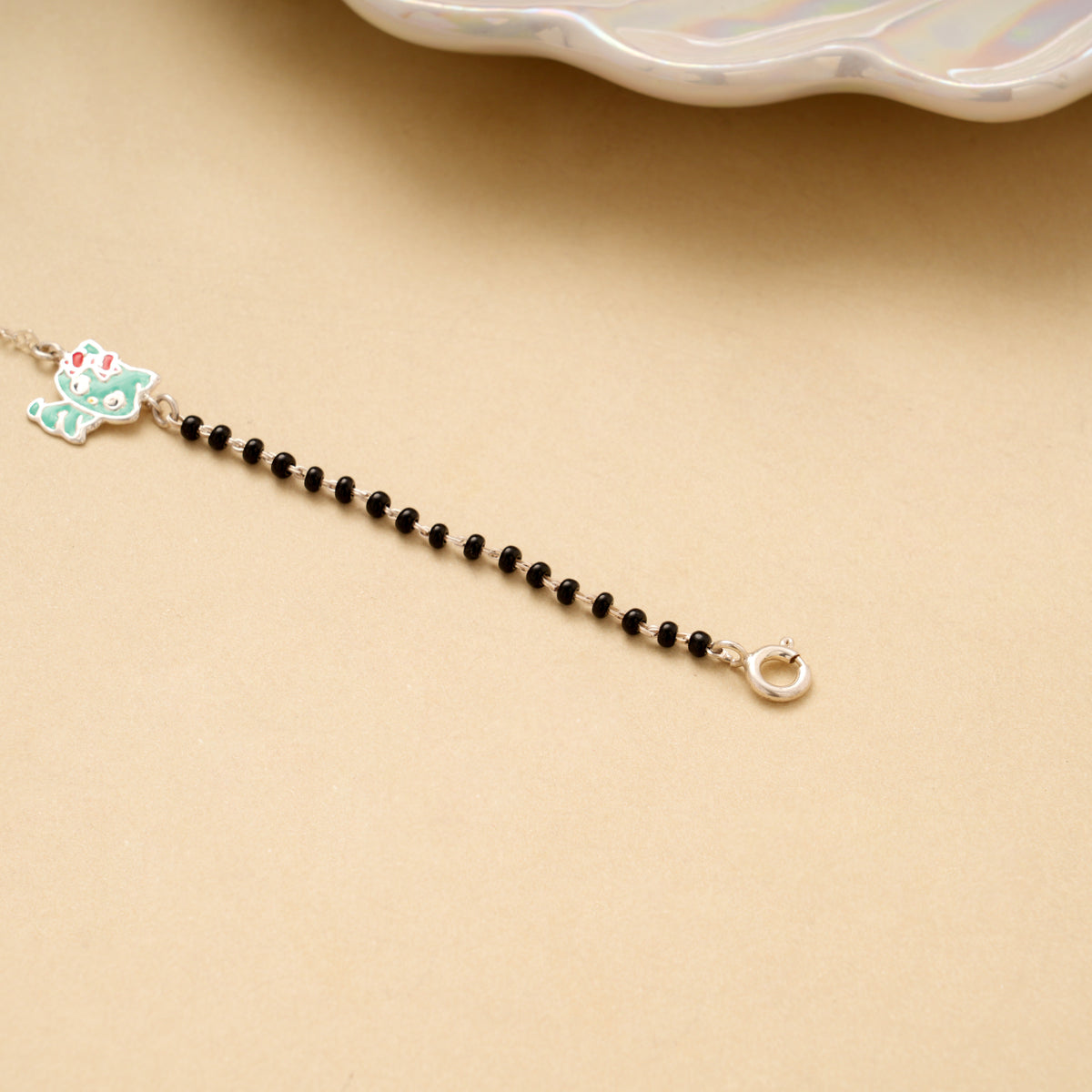 Tiny Kitty Black Beads Silver Baby Bracelet