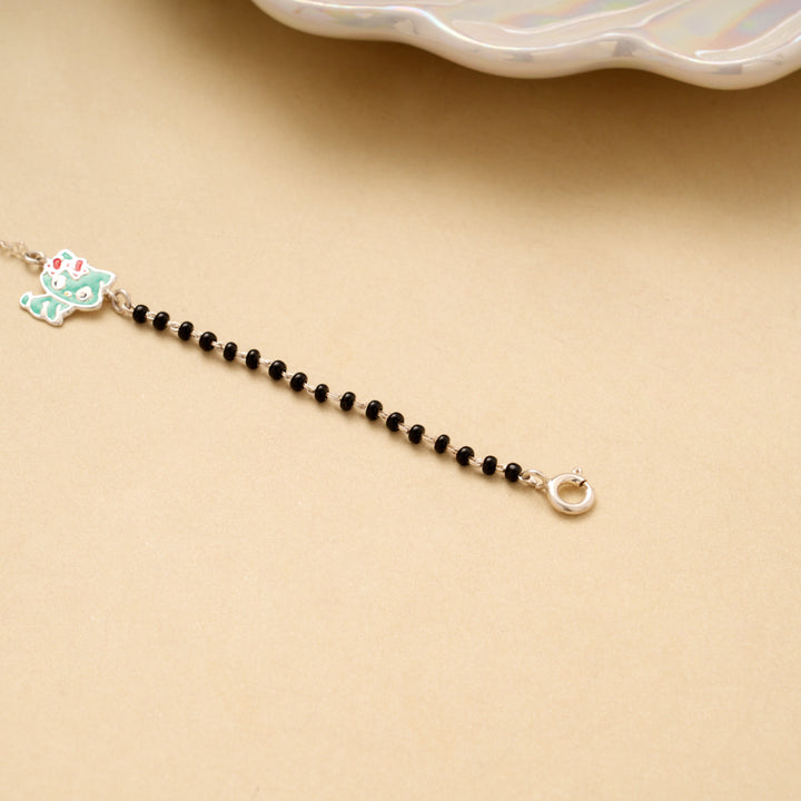 Tiny Kitty Black Beads Silver Bracelet