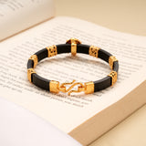 Bold Lion Head Black Leather Golden Bracelet