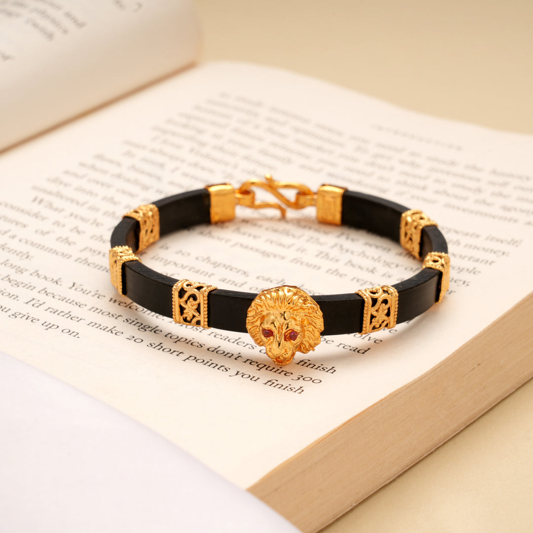 Bold Lion Head Black Leather Golden Bracelet