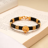 Bold Lion Head Black Leather Golden Bracelet