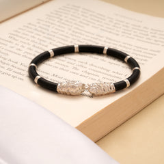 Stylish Black Leather Silver Elephant Bracelet