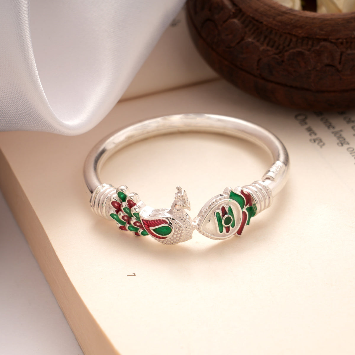 Vibrant Enamel Peacock with Vel Silver Kada