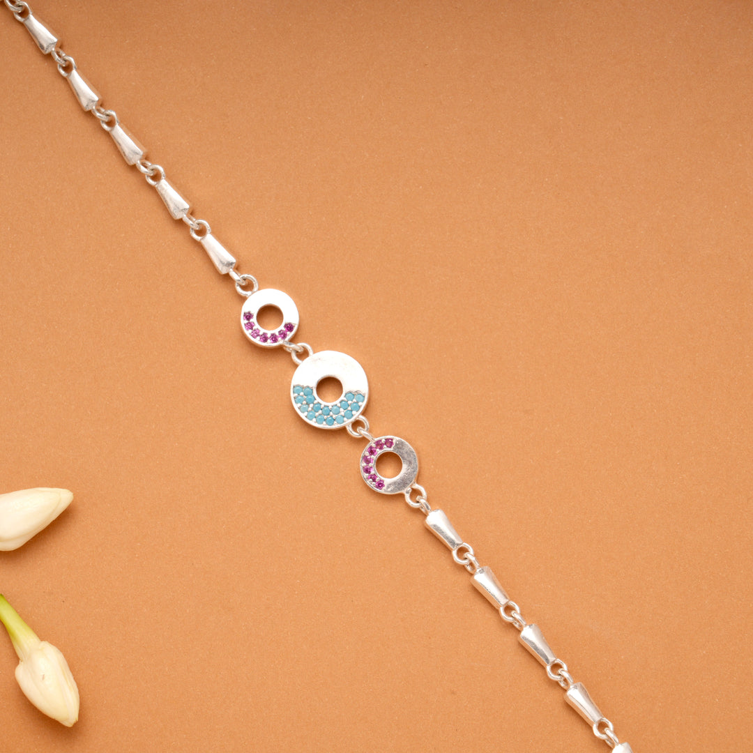 Triple Circular Charm Chain Link Silver Bracelet