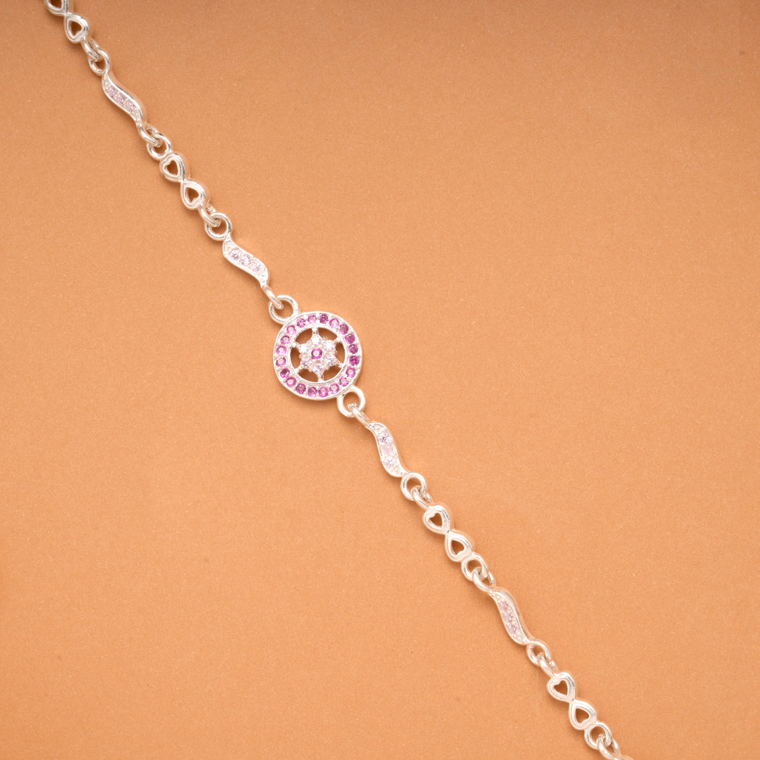 Circular Ruby Wheel Design Silver Bracelet