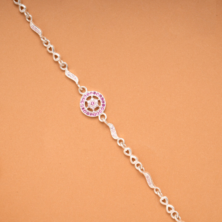 Circular Ruby Wheel Design Silver Bracelet