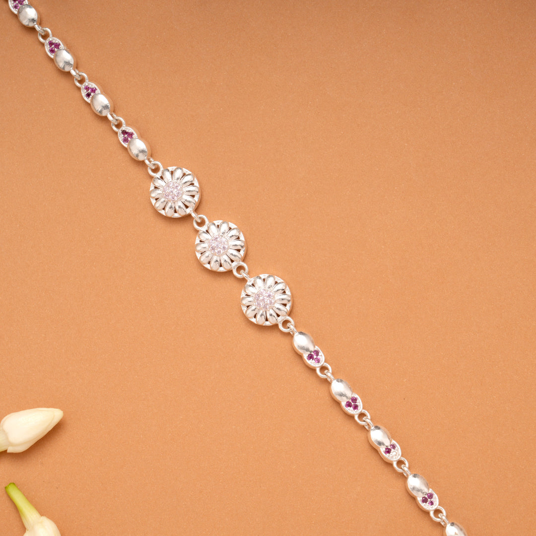 Radiant Triple Floral Design Silver Bracelet