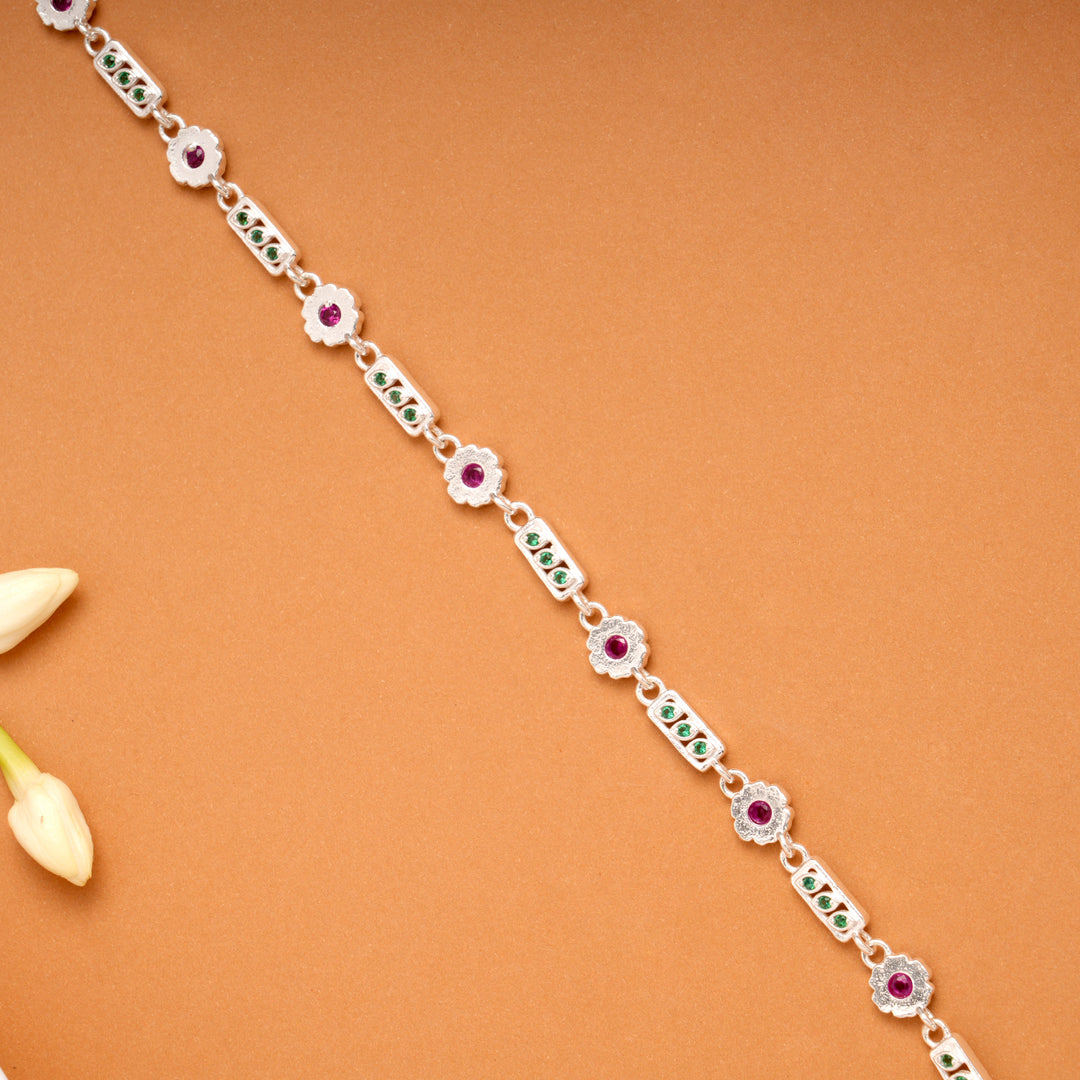 Tiny Charm Floral Leaf Link Silver Bracelet