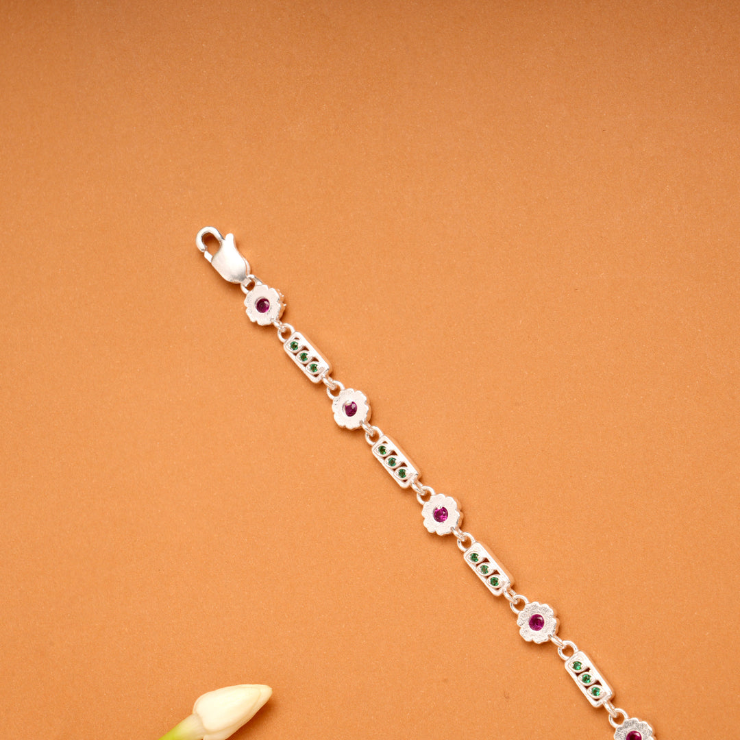 Tiny Charm Floral Leaf Link Silver Bracelet