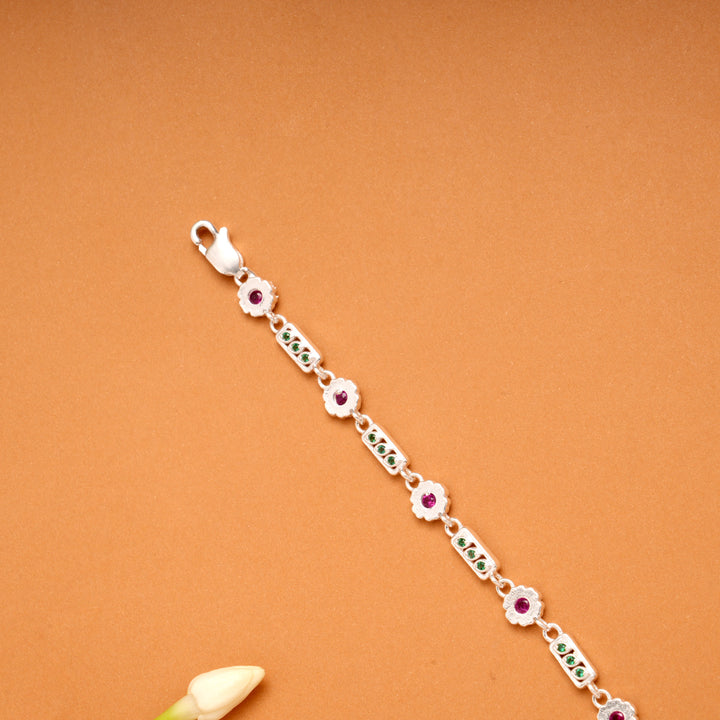 Tiny Charm Floral Leaf Link Silver Bracelet