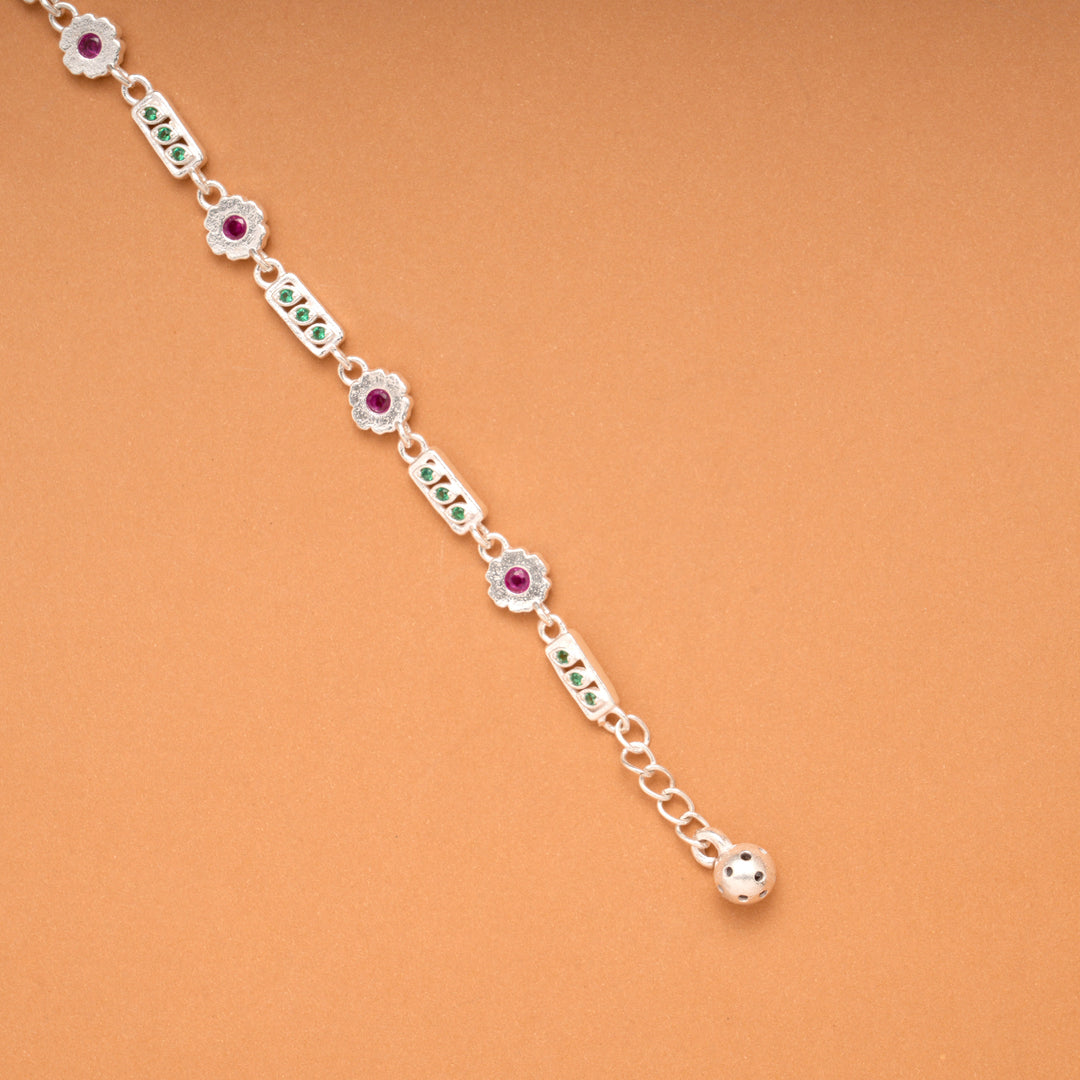 Tiny Charm Floral Leaf Link Silver Bracelet