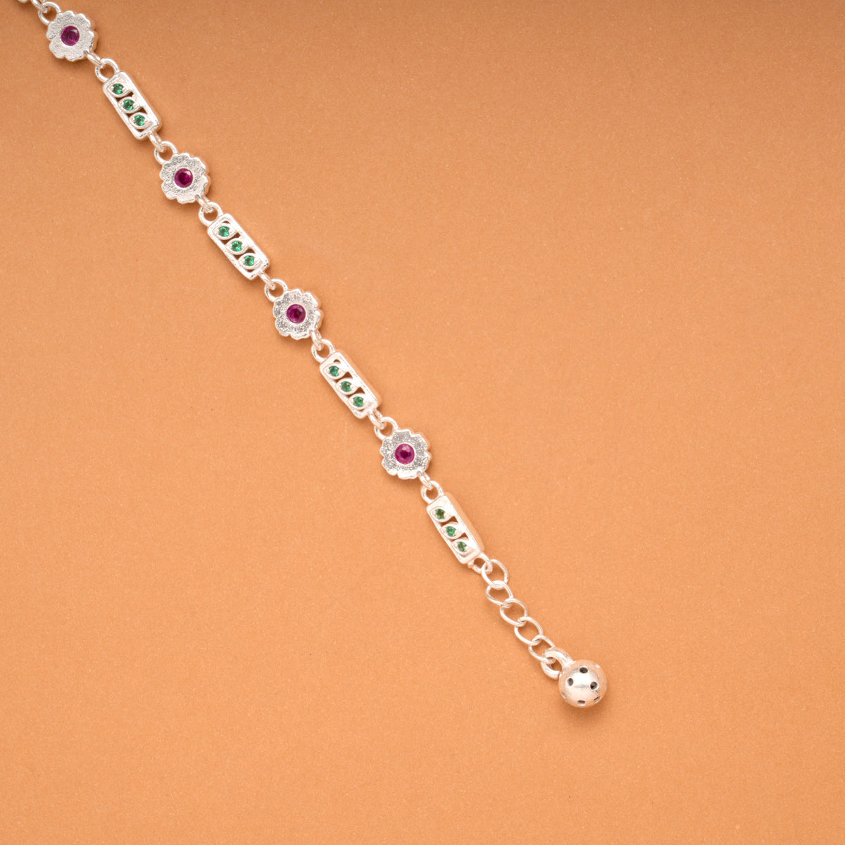 Tiny Charm Floral Leaf Link Silver Bracelet