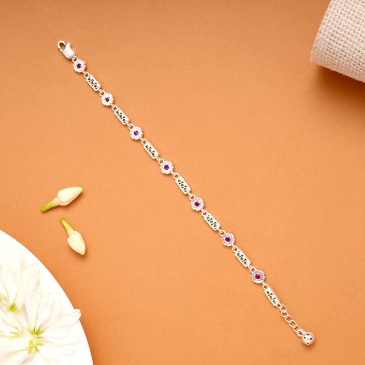 Tiny Charm Floral Leaf Link Silver Bracelet