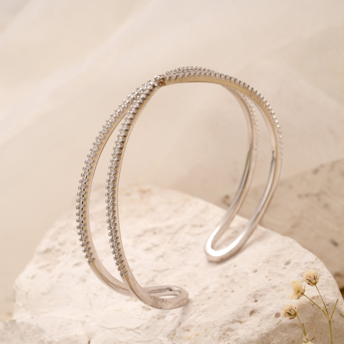 Elegant Silver Cross Stone Over Cuff Bracelet