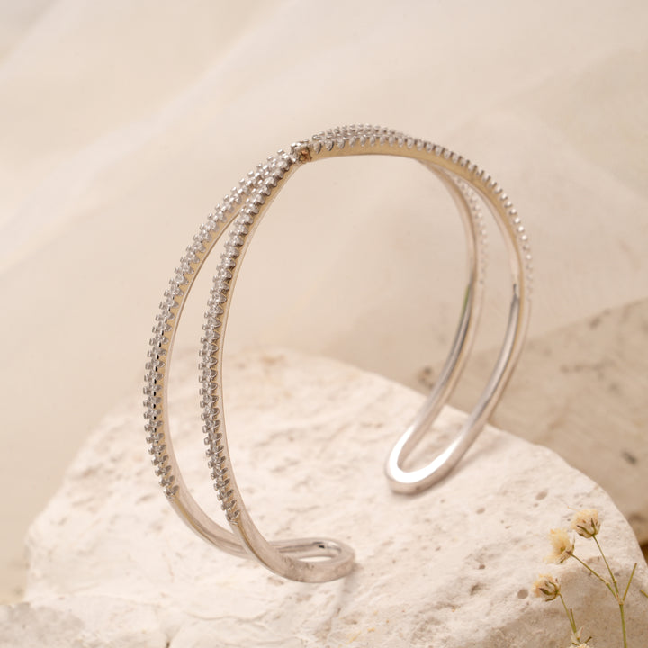 Elegant Silver Cross Stone Over Cuff Bracelet