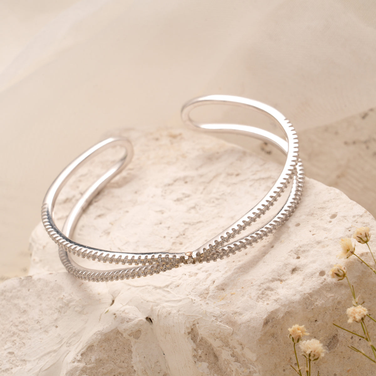 Elegant Silver Cross Stone Over Cuff Bracelet
