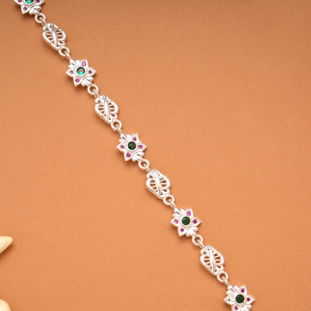 Elegant Multi Color Floral Silver Bracelet