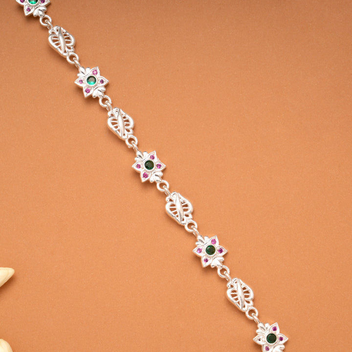Elegant Multi Color Floral Silver Bracelet