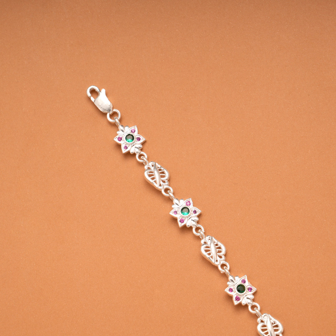 Elegant Multi Color Floral Silver Bracelet