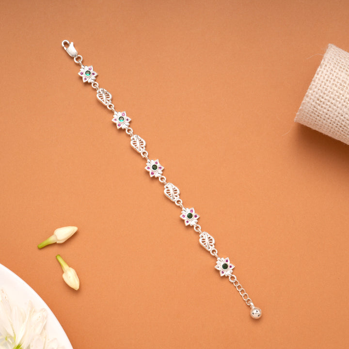 Elegant Multi Color Floral Silver Bracelet
