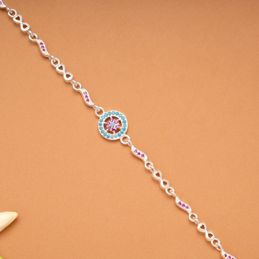 Silver Circular Blue Charm Flower Bracelet