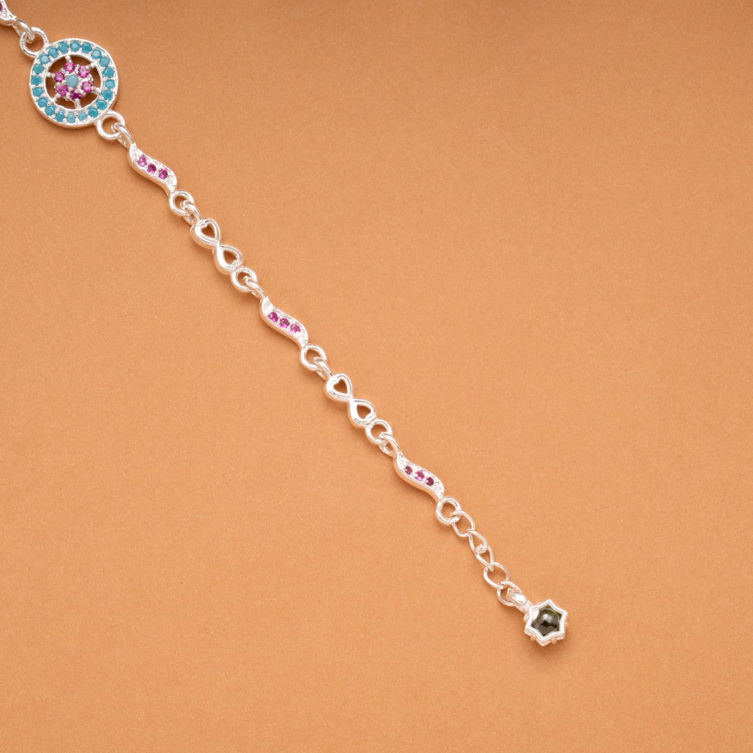Silver Circular Blue Charm Flower Bracelet