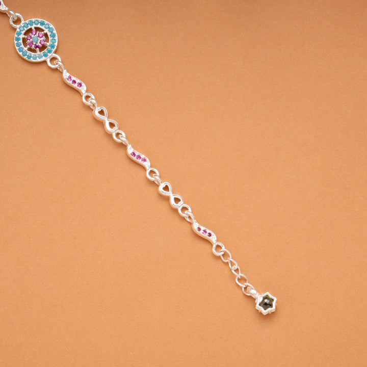 Silver Circular Blue Charm Flower Bracelet