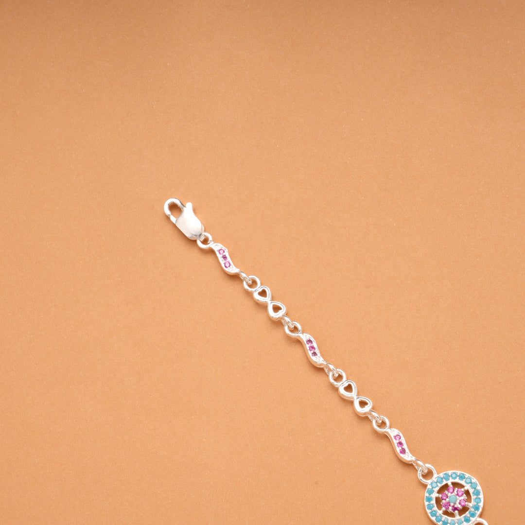 Silver Circular Blue Charm Flower Bracelet