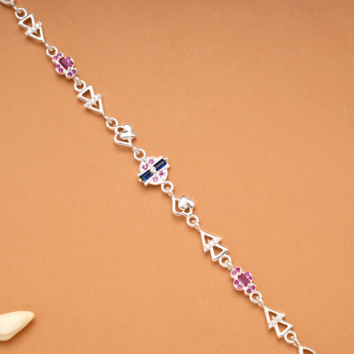 Minimal Heart Ruby Floral Silver Bracelet