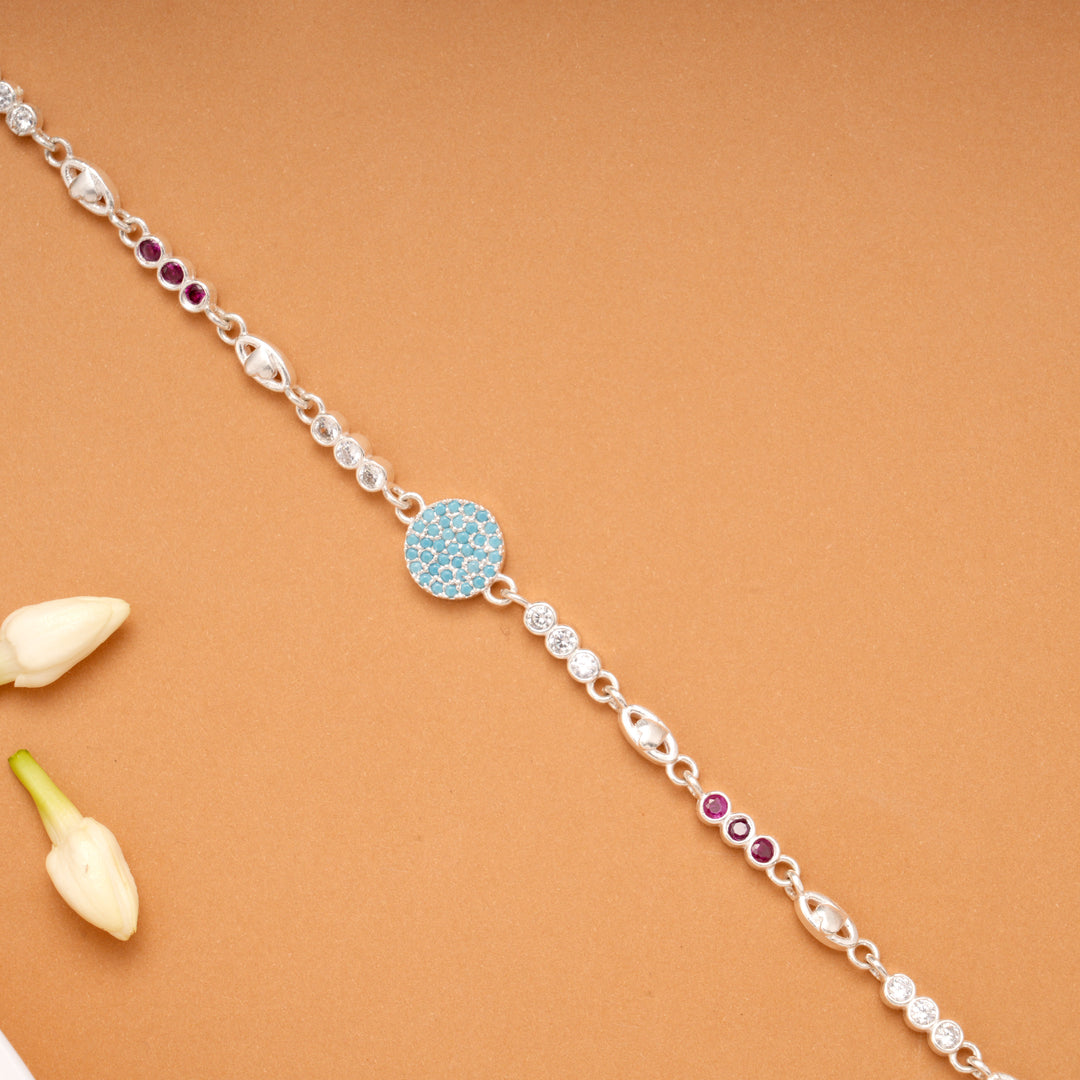 Blue Floral Circle Charm Silver Bracelet