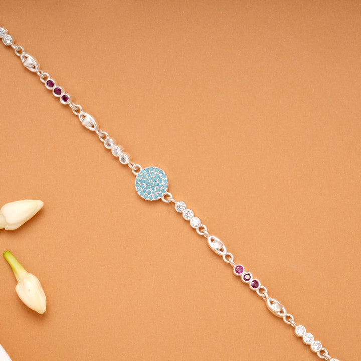 Blue Floral Circle Charm Silver Bracelet