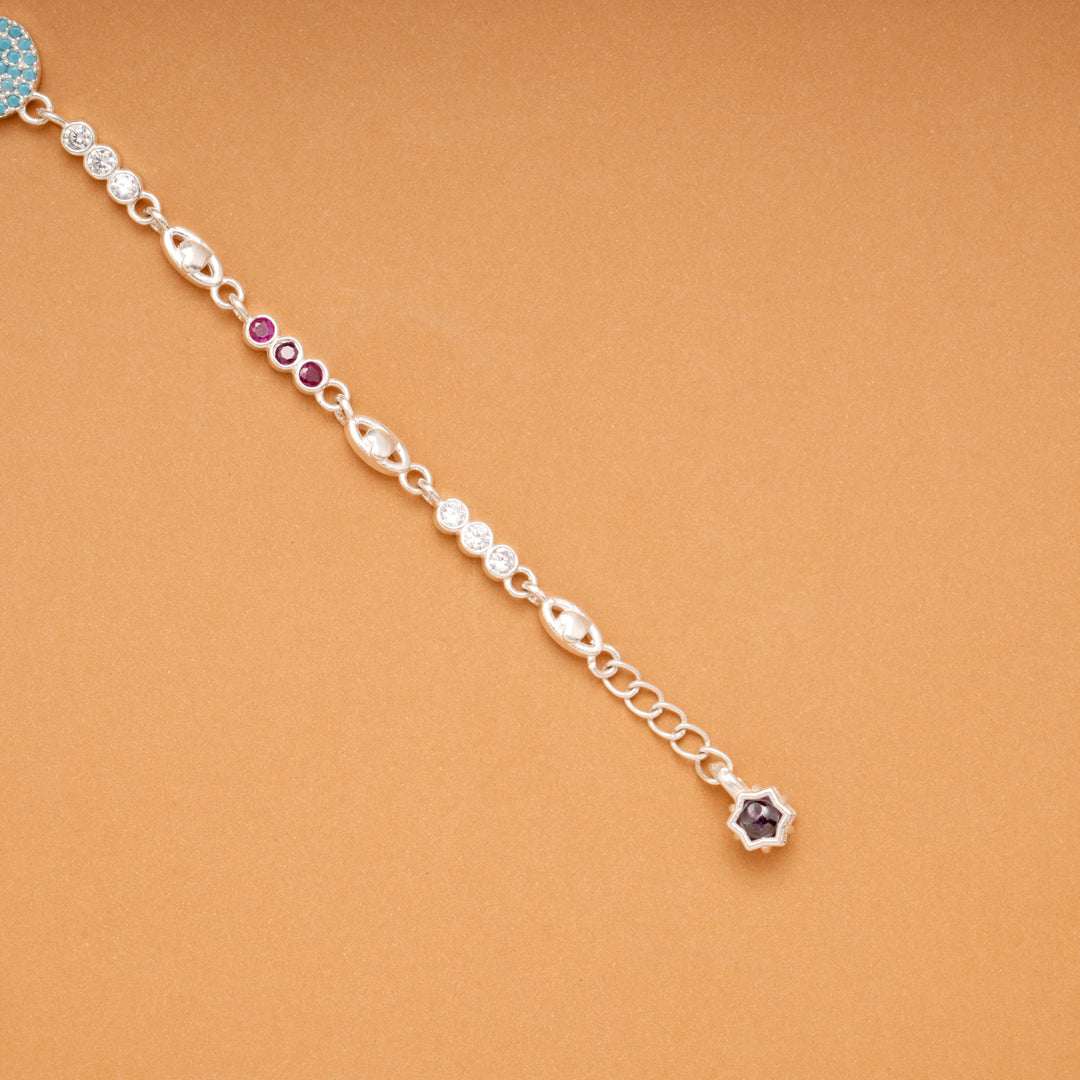 Blue Floral Circle Charm Silver Bracelet