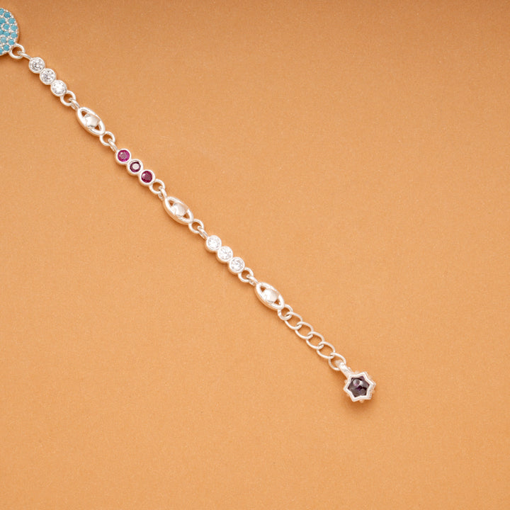 Blue Floral Circle Charm Silver Bracelet