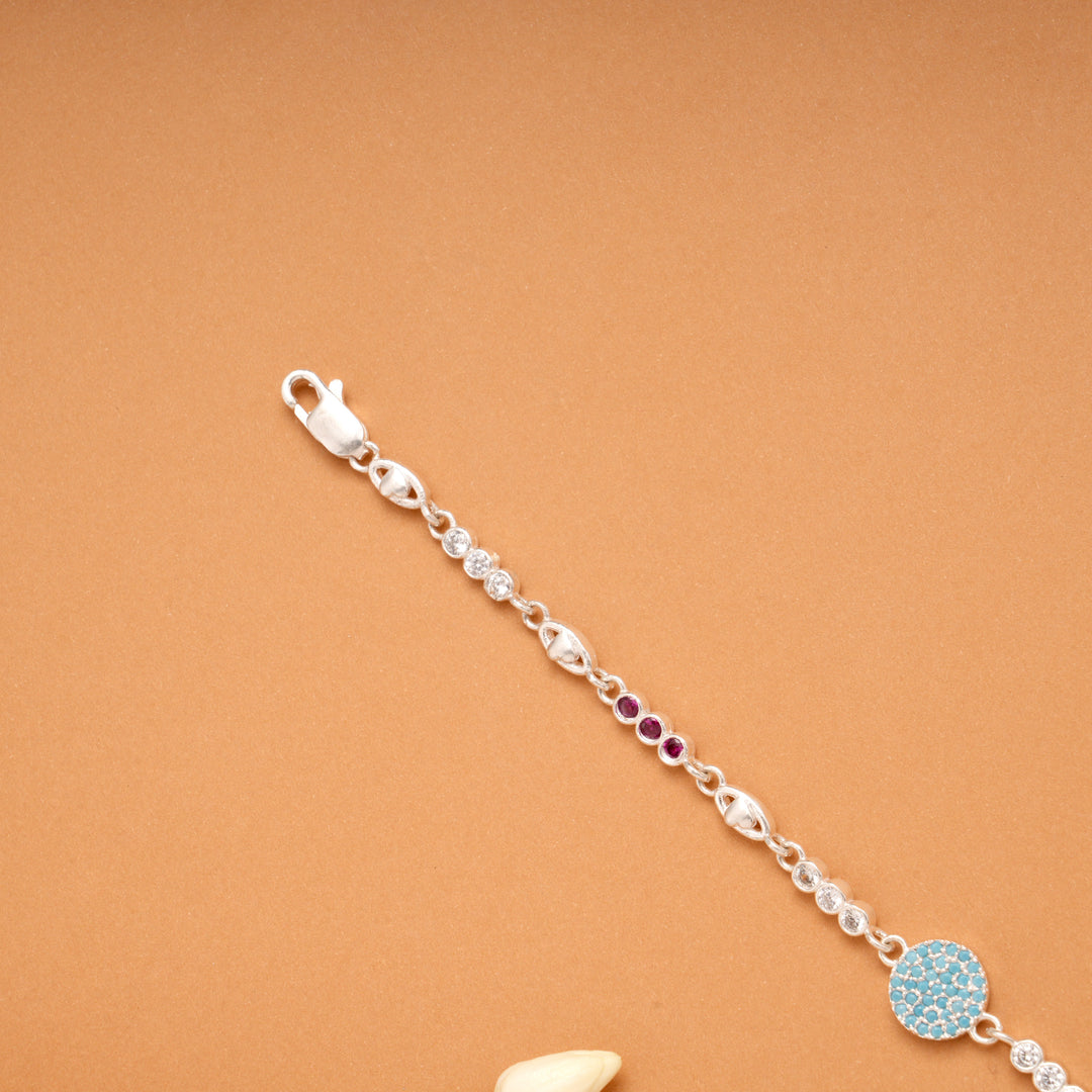 Blue Floral Circle Charm Silver Bracelet
